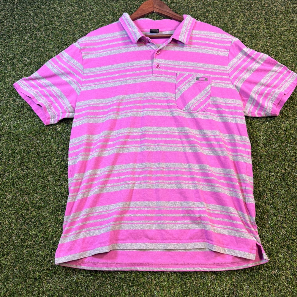 Oakley Mens XL Polo Shirt Pink Grey Striped Short Sleeve Chest Pocket Logo
